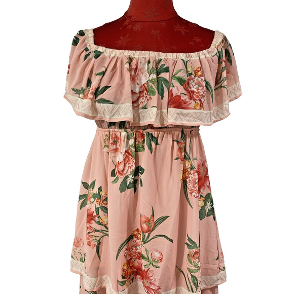 Lulus M Peachy Pink Off The Shoulder Peasant Style Sun Dress Floral Ruffles Lace - Picture 3 of 10